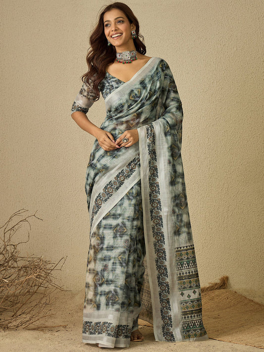 Grey Grey Bagh Linen Digital Print Saree