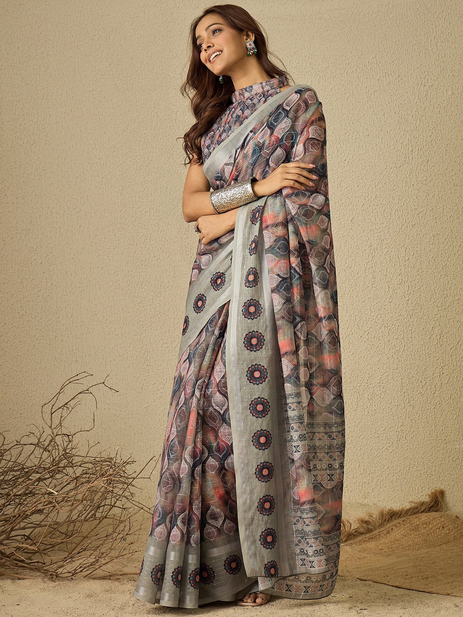 Multicolor Multicolored Bagh Linen Digital Print Saree