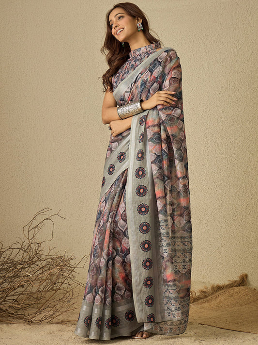 Multicolor Multicolored Bagh Linen Digital Print Saree