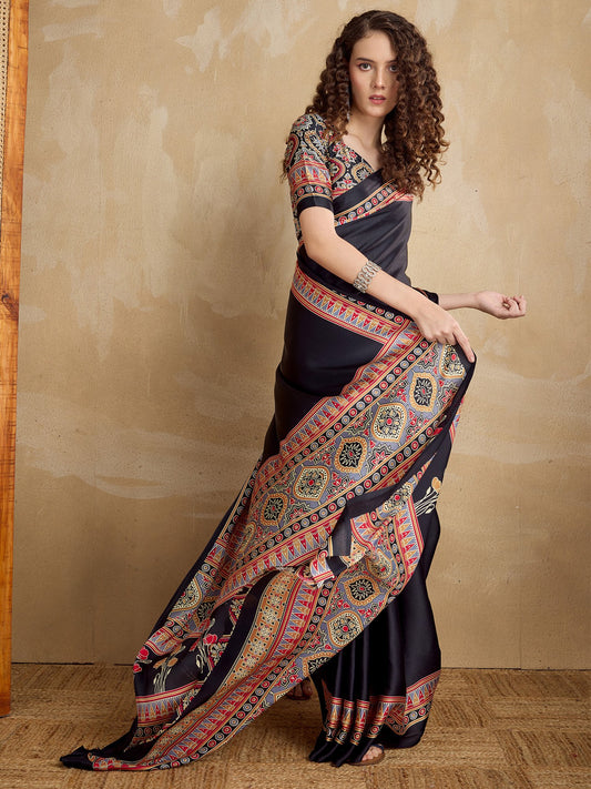 Black Black Block Print Satin Printed Saree