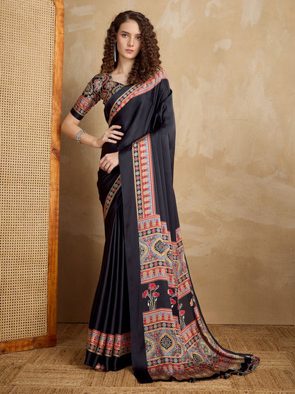 Black Block Print Satin Printed Saree