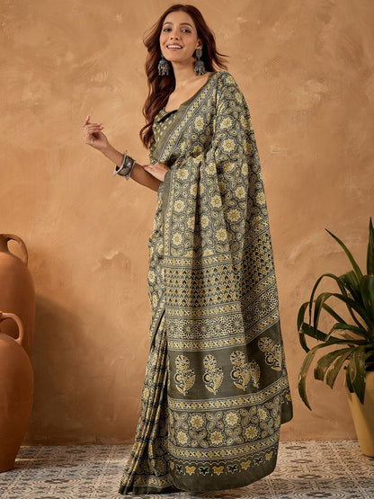 Green Olive Block Print Cotton Blend Printed Saree