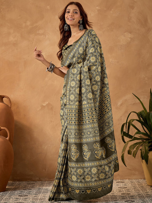 Green Olive Block Print Cotton Blend Printed Saree
