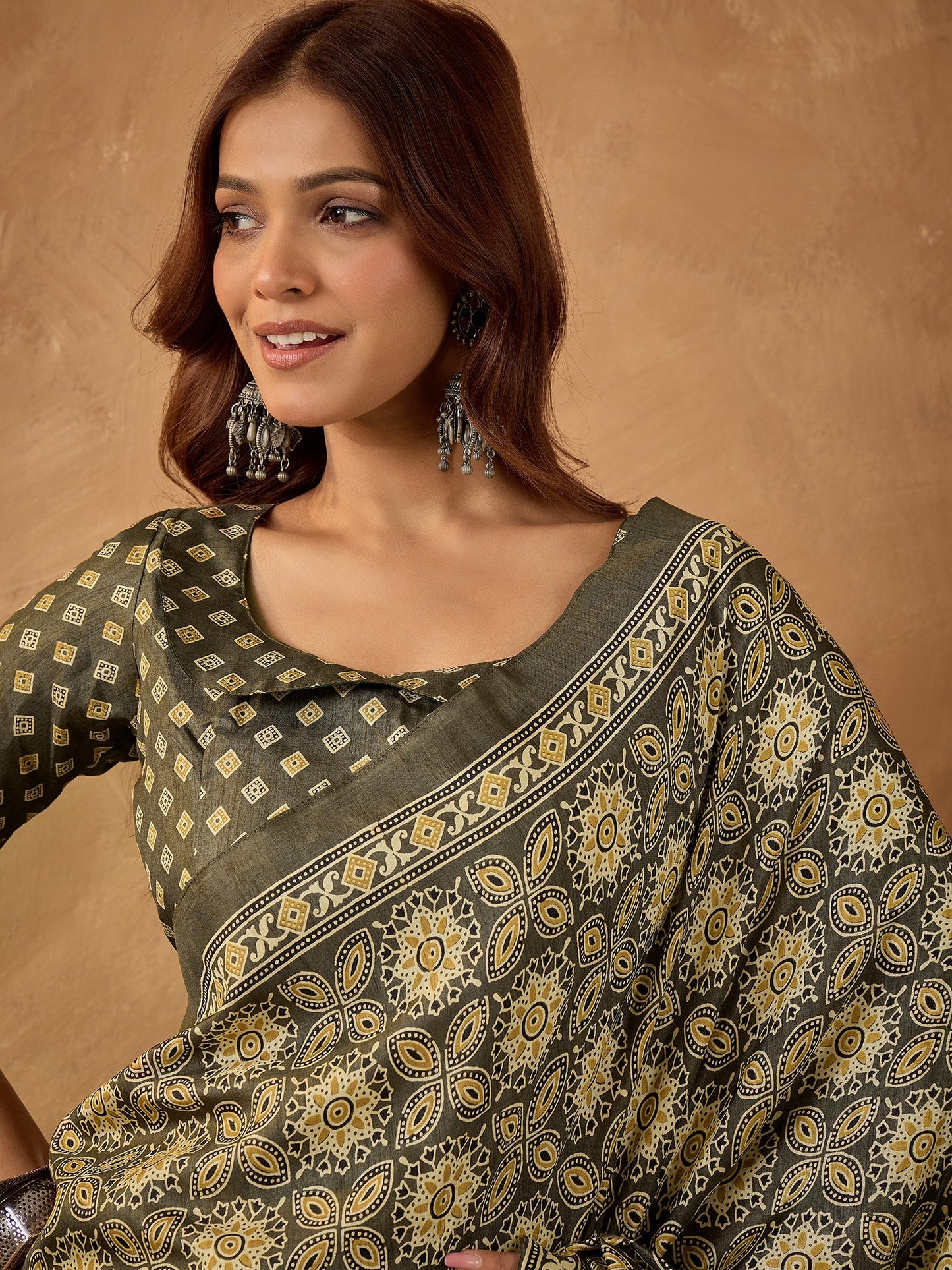 Olive Block Print Cotton Blend Printed Saree
