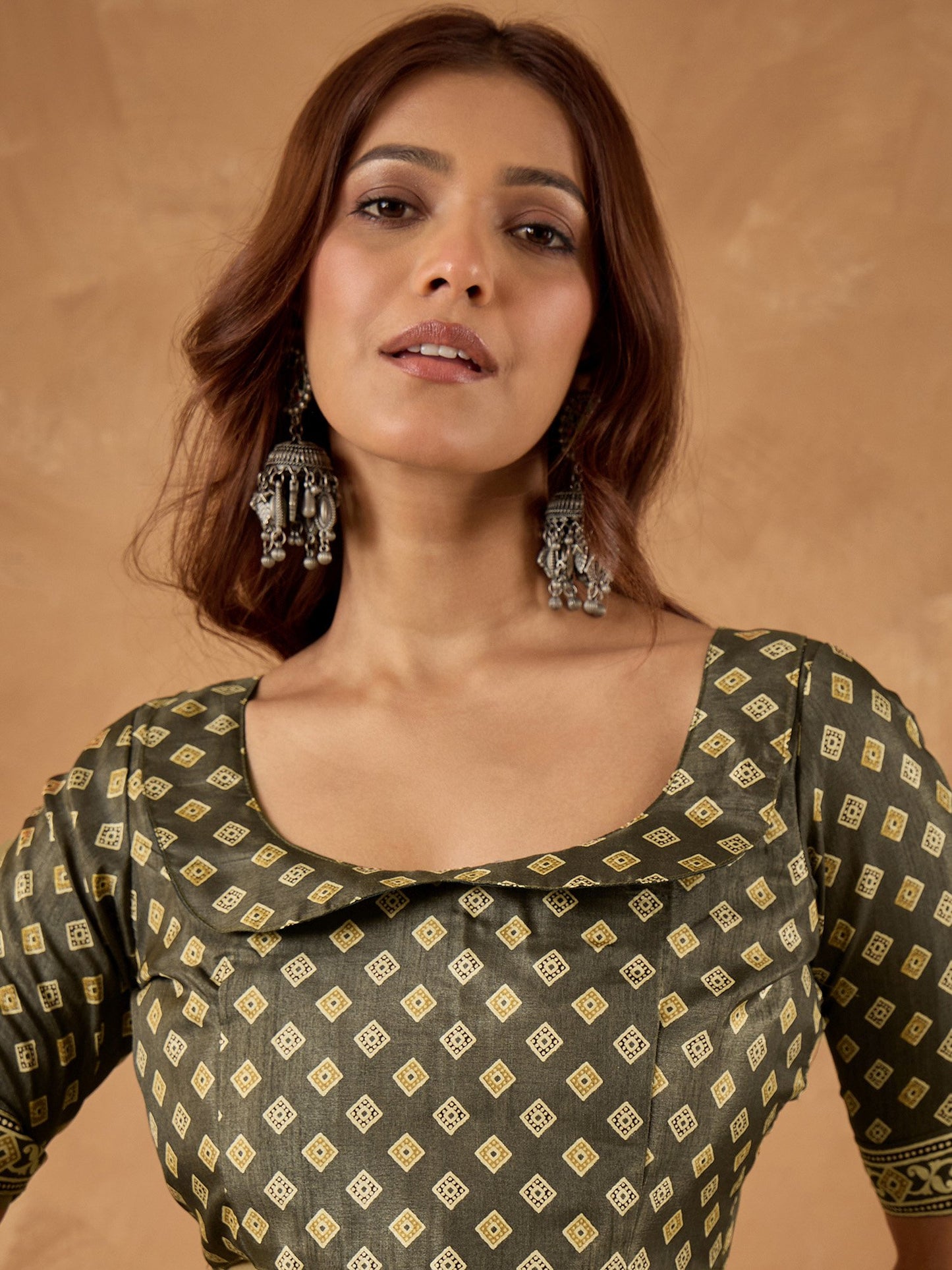 Olive Block Print Cotton Blend Printed Saree