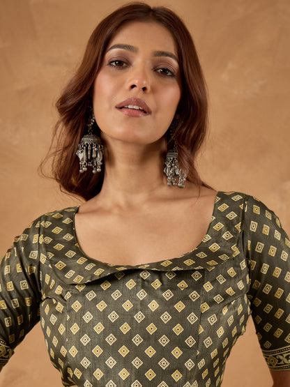 Olive Block Print Cotton Blend Printed Saree