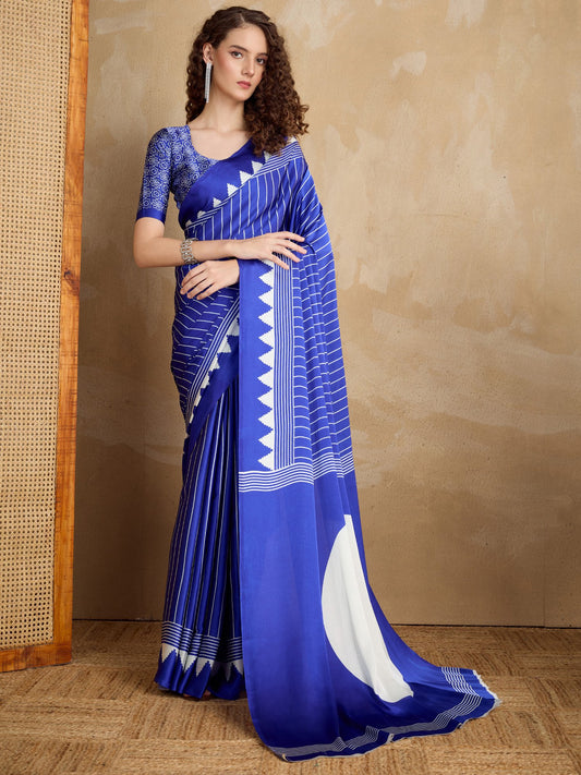 Blue Navy Block Print Satin Printed Saree