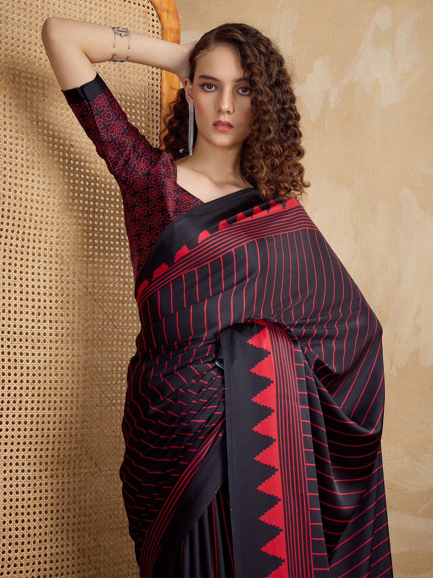 Black Block Print Satin Printed Saree