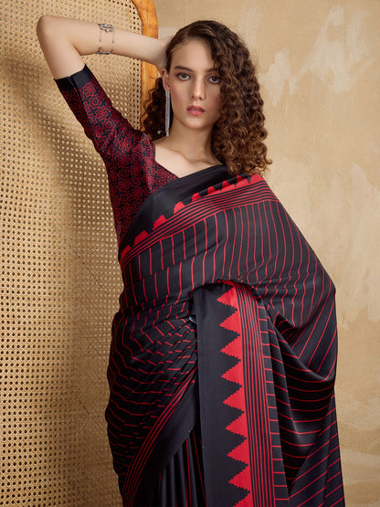 Black Block Print Satin Printed Saree