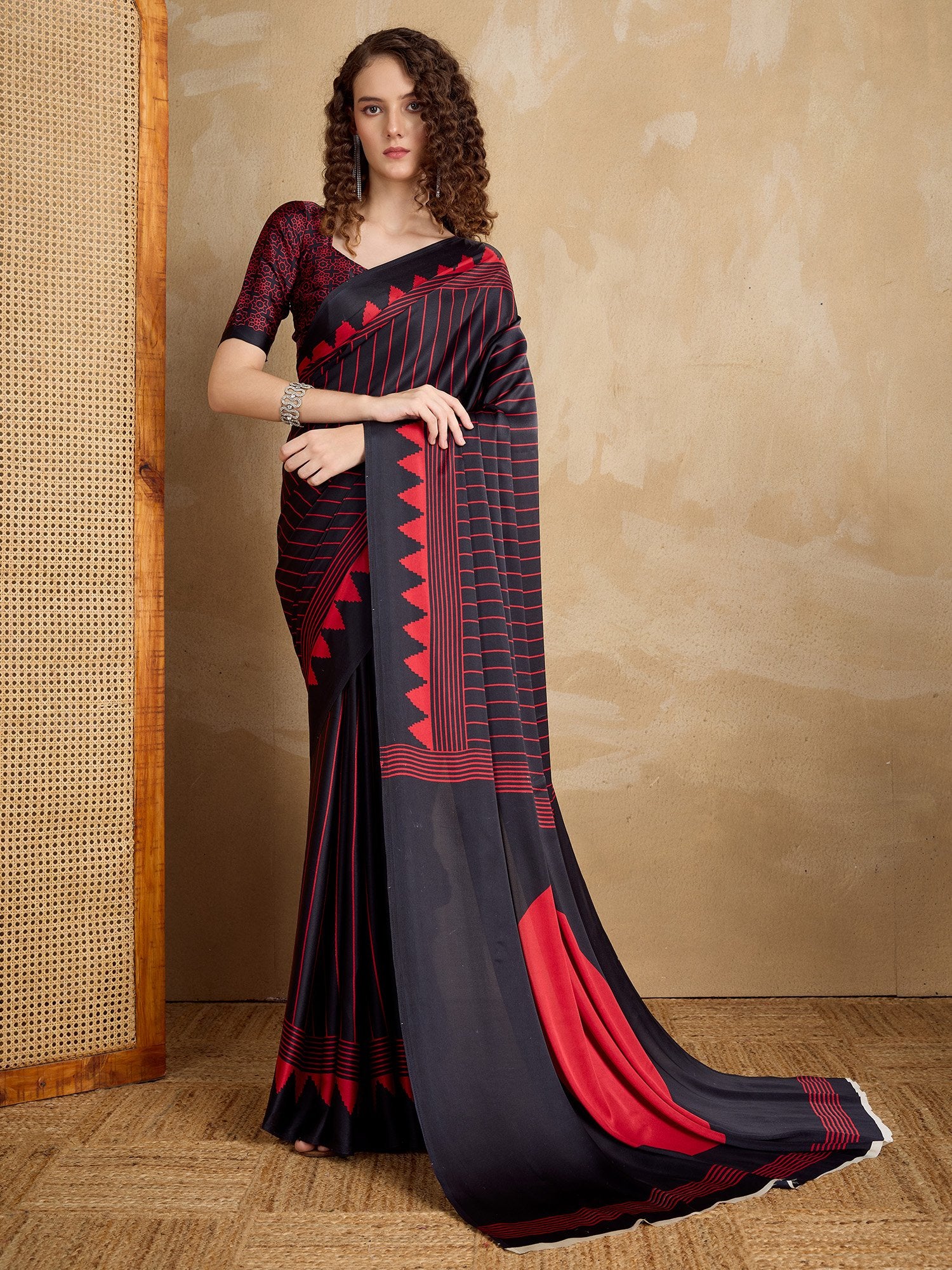 Black Black Block Print Satin Printed Saree