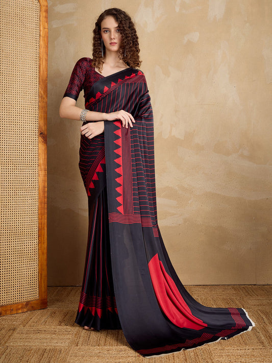 Black Black Block Print Satin Printed Saree