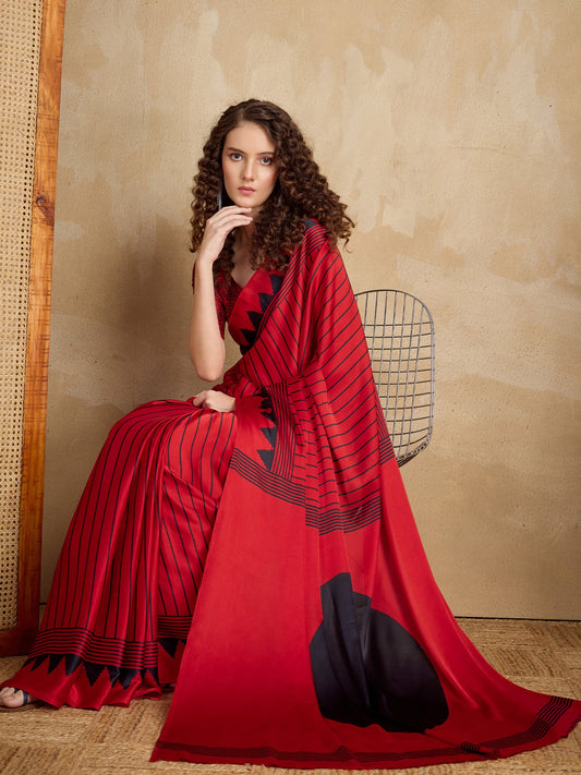 Red Red Block Print Satin Printed Saree