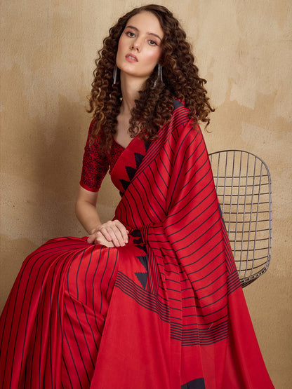 Red Block Print Satin Printed Saree