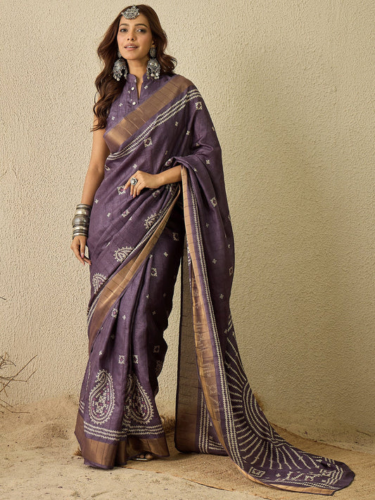 Purple Purple Block Print Silk Blend Printed Saree