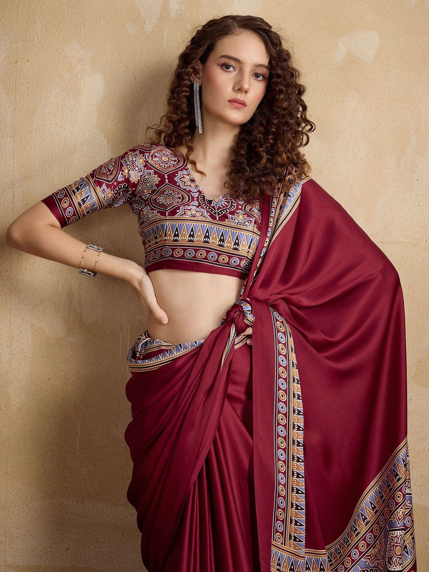 Maroon Block Print Satin Printed Saree