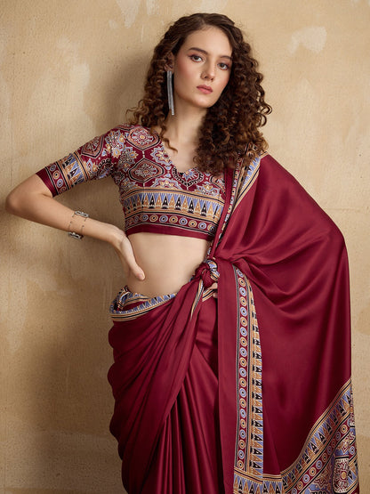 Maroon Block Print Satin Printed Saree