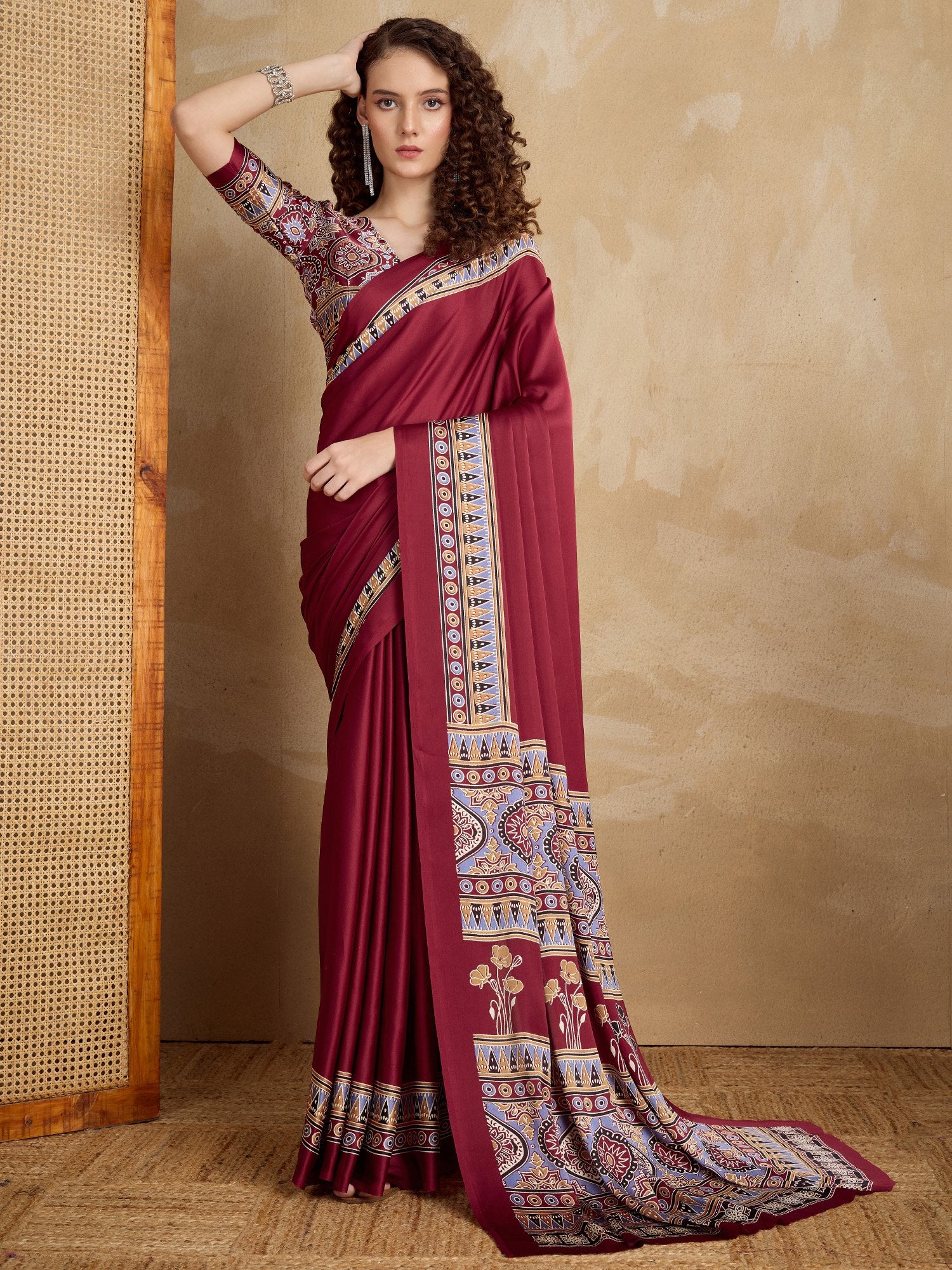 Maroon Maroon Block Print Satin Printed Saree