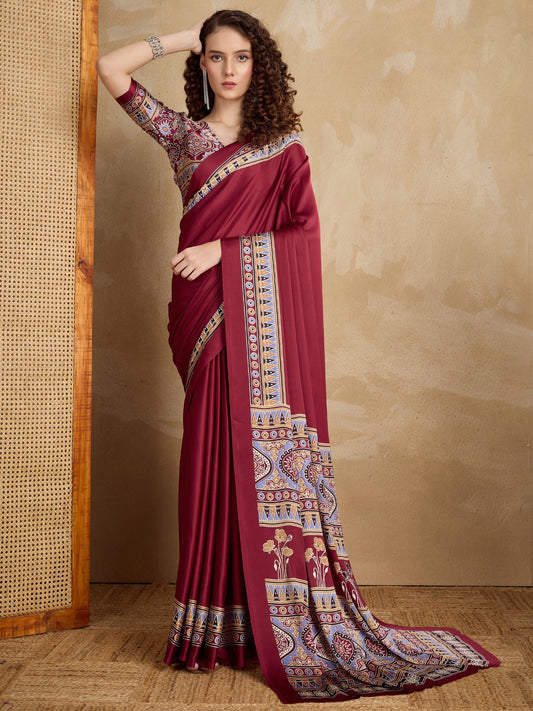 Maroon Maroon Block Print Satin Printed Saree