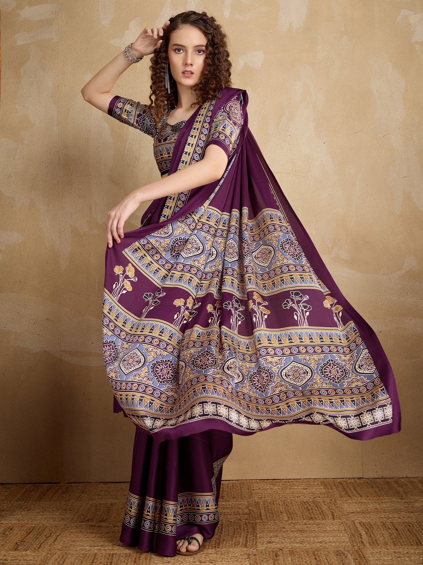 Purple Purple Block Print Satin Printed Saree