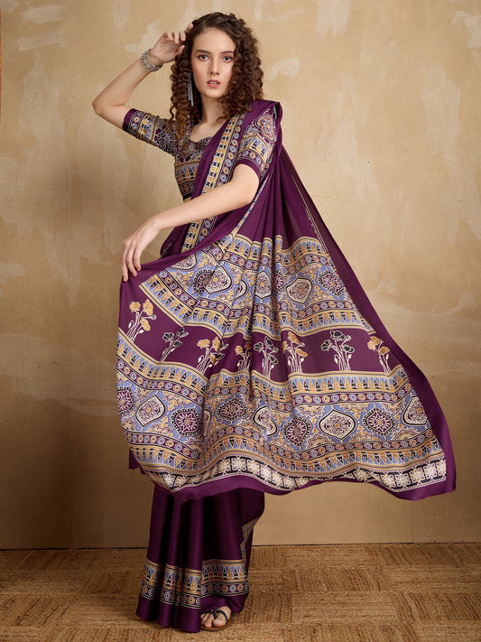 Purple Purple Block Print Satin Printed Saree