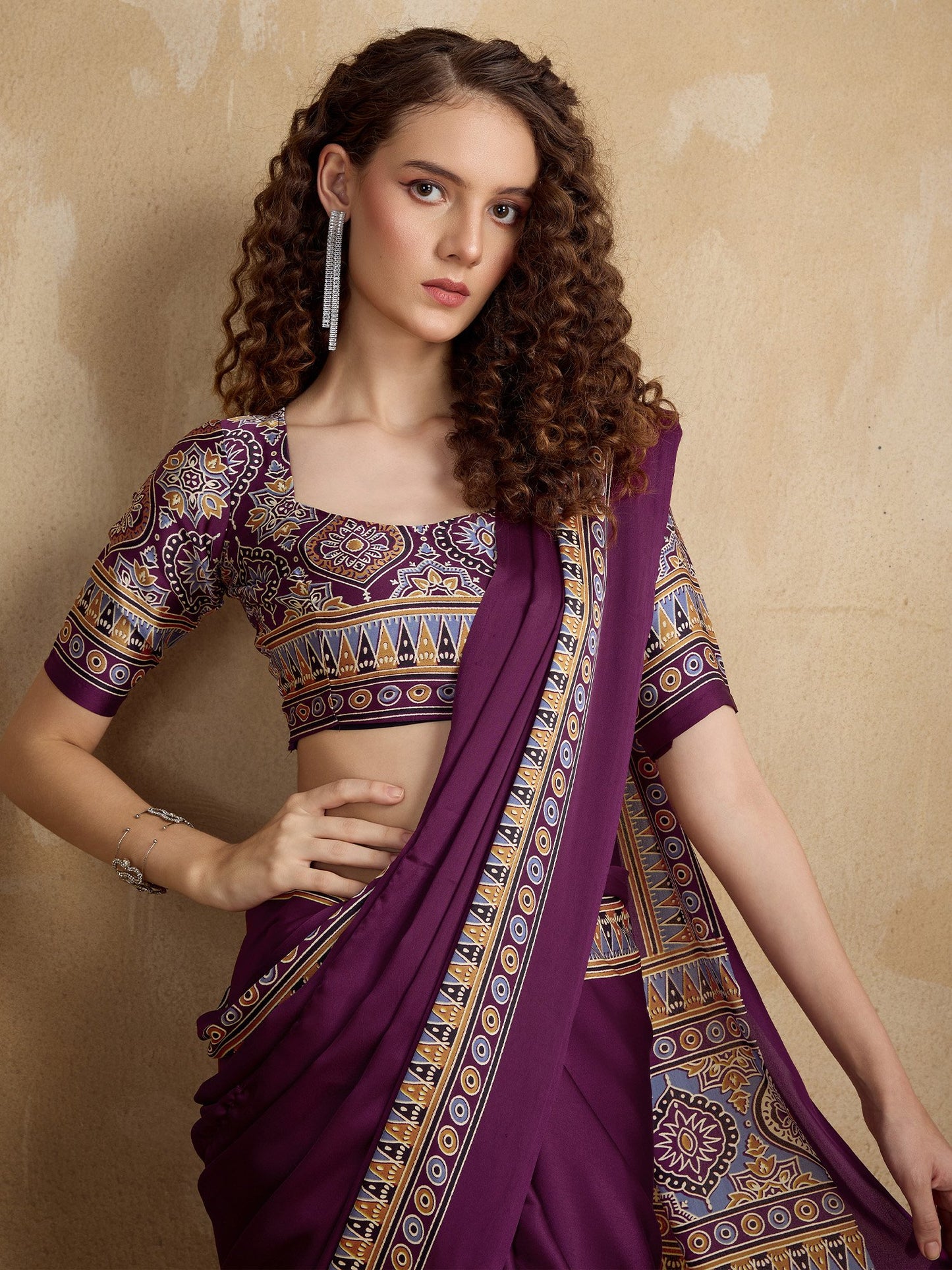 Purple Block Print Satin Printed Saree