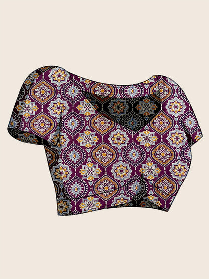 Purple Block Print Satin Printed Saree
