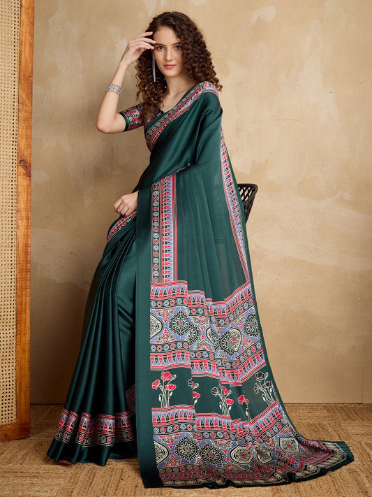 Green Green Block Print Satin Printed Saree