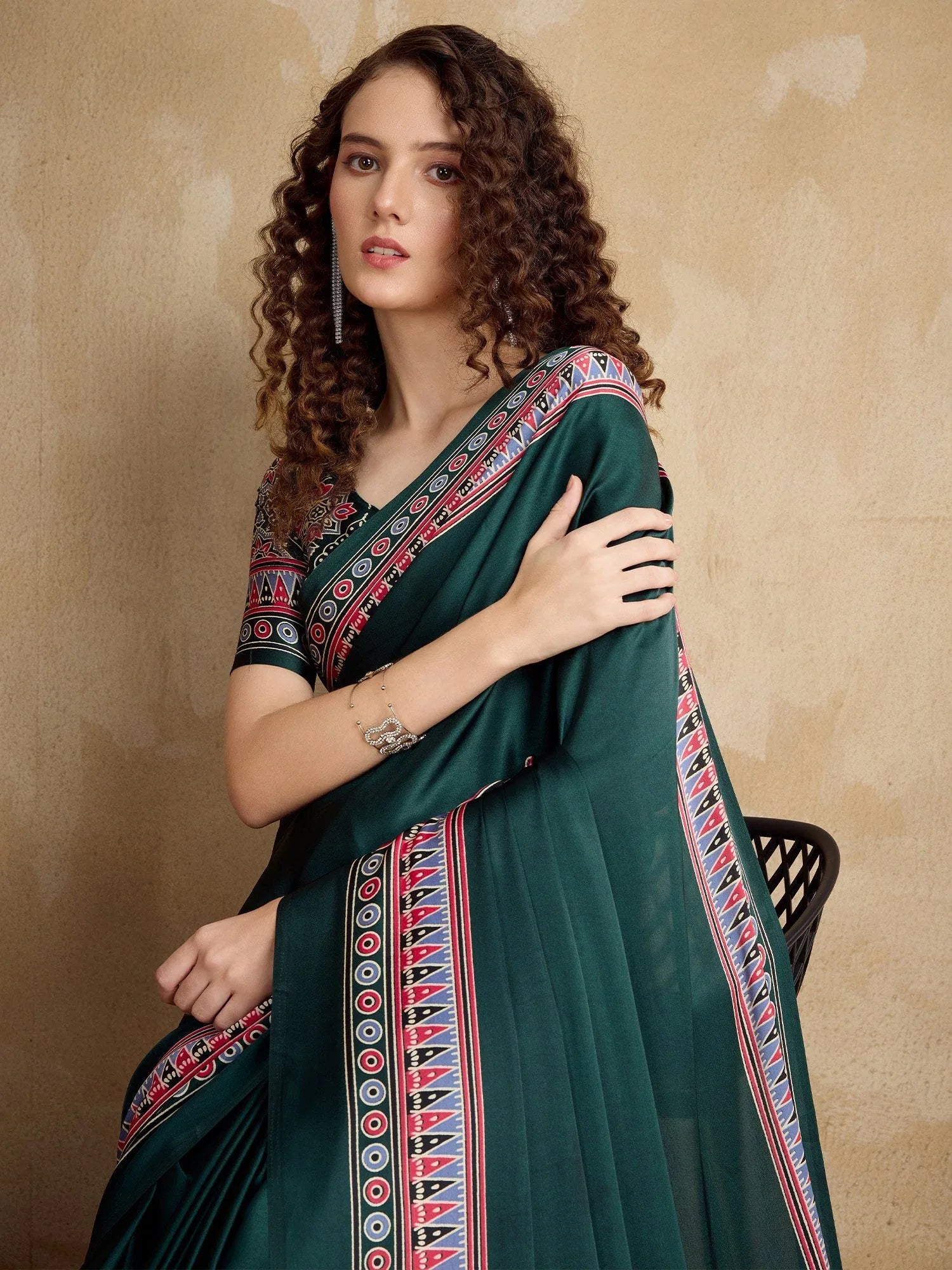 Green Block Print Satin Printed Saree