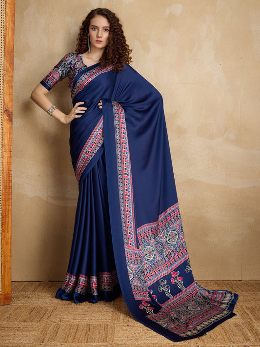 Blue Navy Block Print Satin Printed Saree