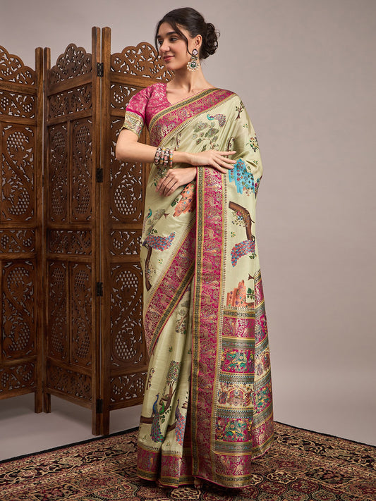 Green Light Banarasi Viscose Silk Woven Saree