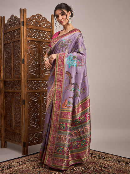 Lavendar Banarasi Viscose Silk Woven Saree