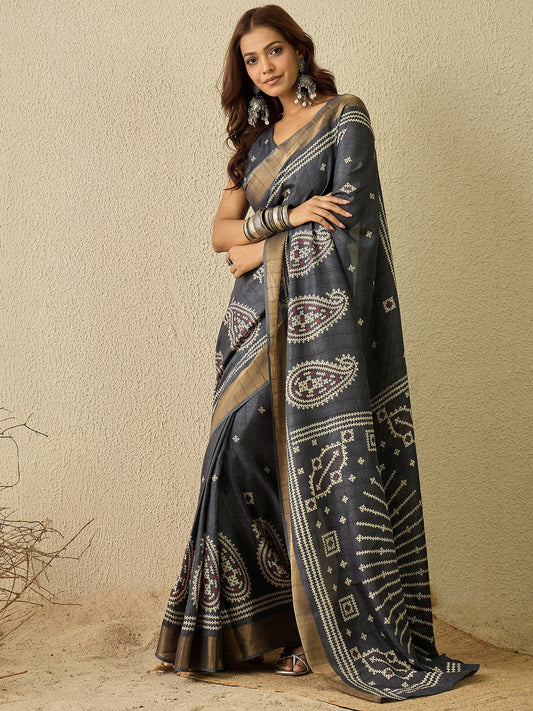 Grey Grey Block Print Silk Blend Printed Saree