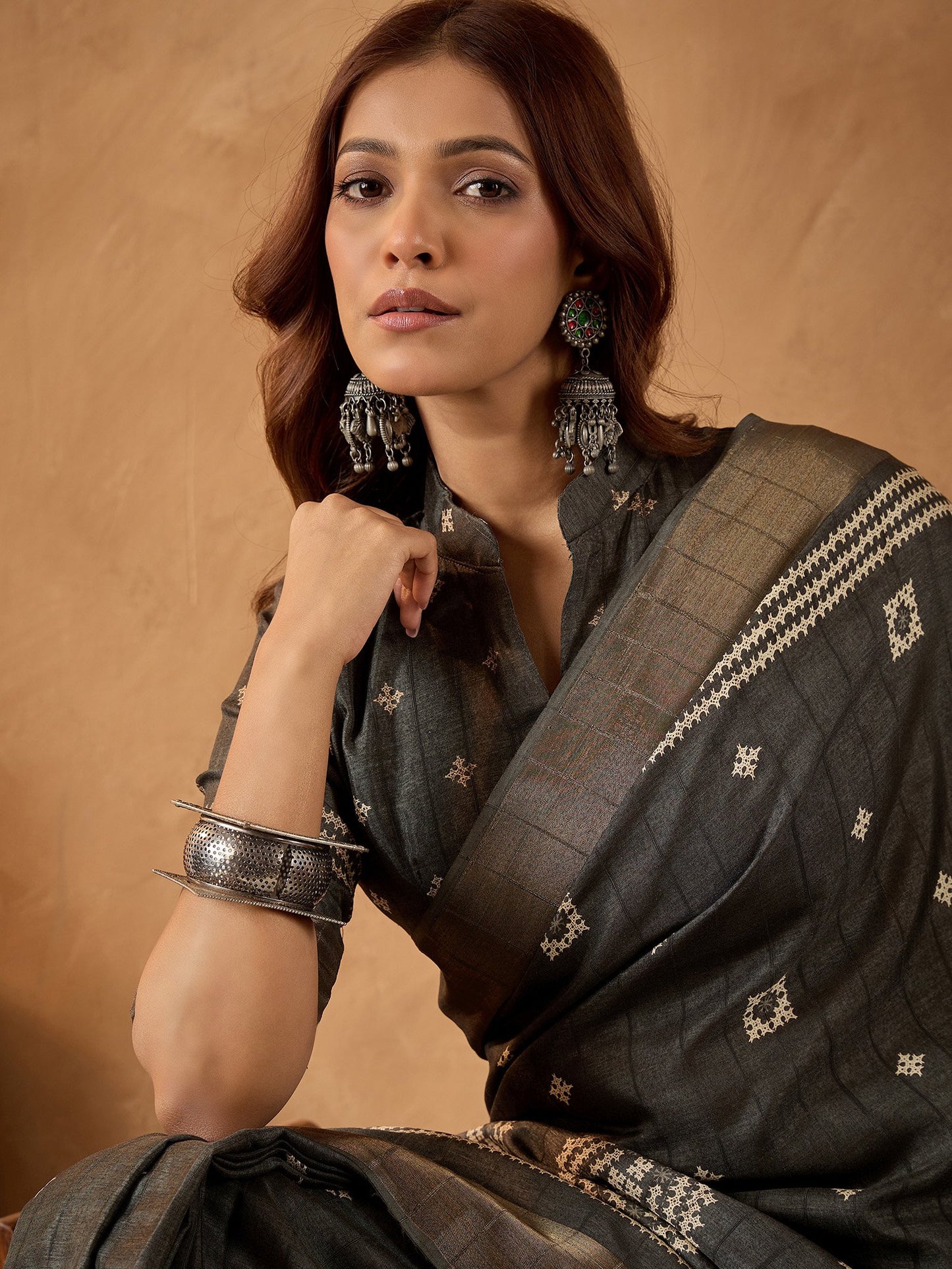 Charcoal Block Print Silk Blend Printed Saree