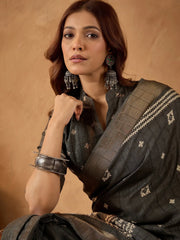 Charcoal Block Print Silk Blend Printed Ready To Wear Saree