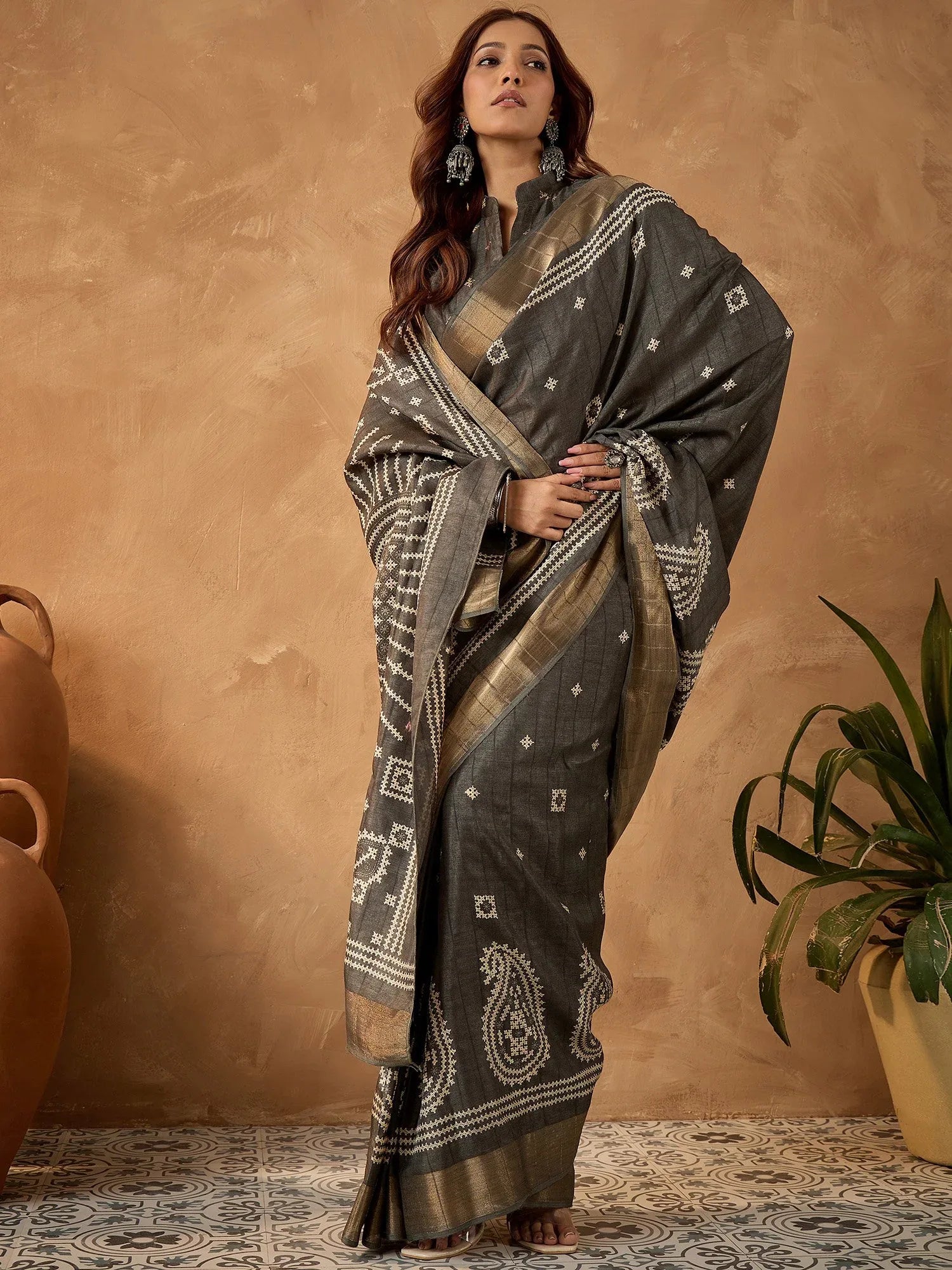 Grey Charcoal Block Print Silk Blend Printed Saree