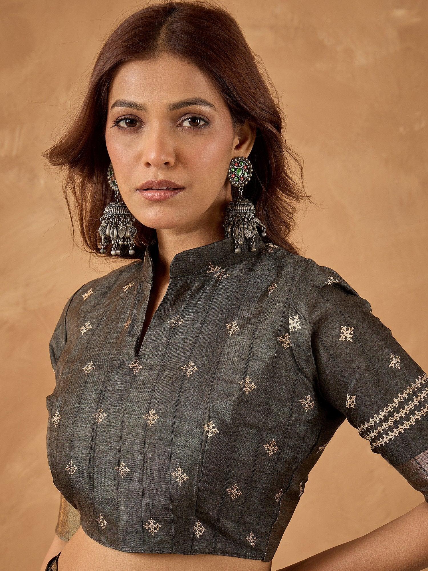 Charcoal Block Print Silk Blend Printed Ready To Wear Saree