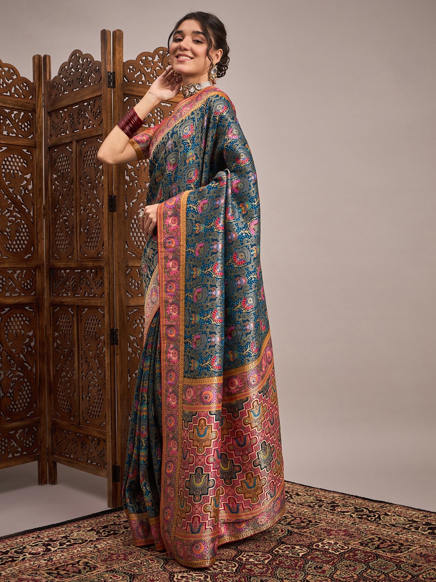Teal Banarasi Viscose Silk Woven Saree
