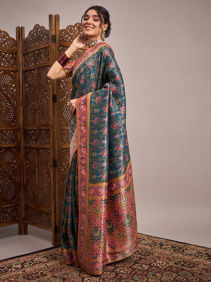 Teal Banarasi Viscose Silk Woven Saree