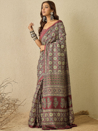 Mauve Block Print Cotton Blend Printed Saree