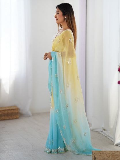 Yellow Party Wear Chiffon Embellished Saree