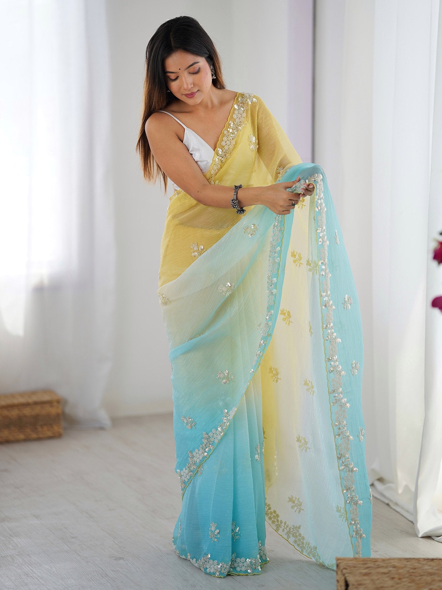 Yellow Yellow Party Wear Chiffon Embellished Saree