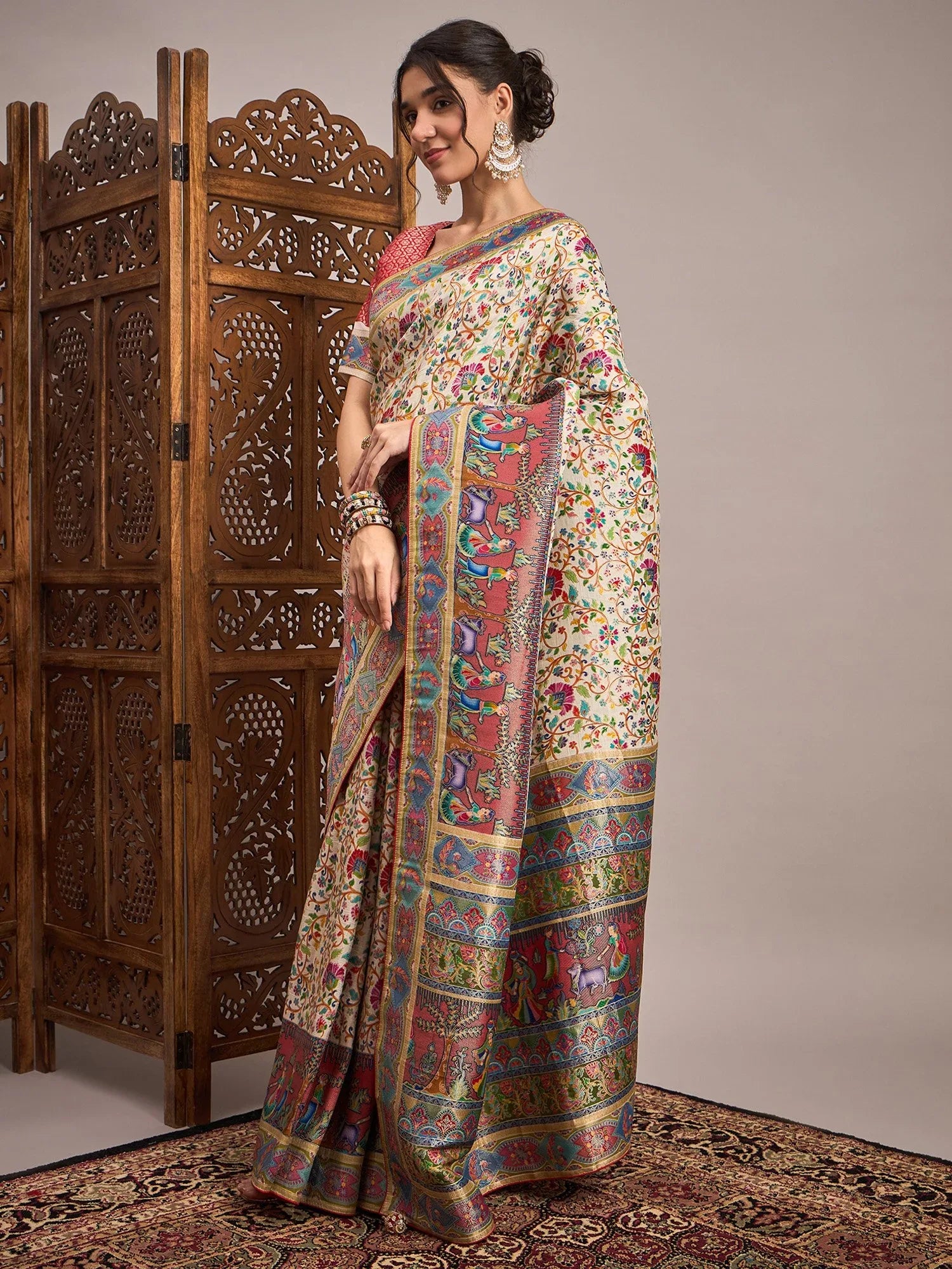 Cream Banarasi Viscose Silk Woven Saree