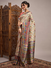 Cream Banarasi Viscose Silk Woven Saree