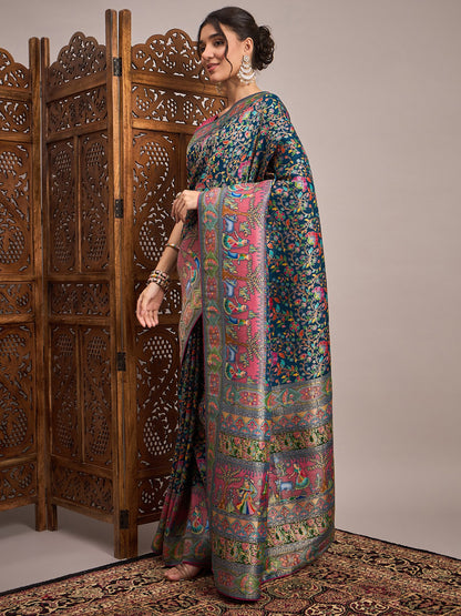 Teal Banarasi Viscose Silk Woven Saree