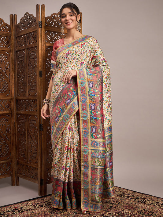 Cream Cream Banarasi Viscose Silk Woven Saree