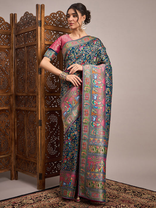 Blue Teal Banarasi Viscose Silk Woven Saree