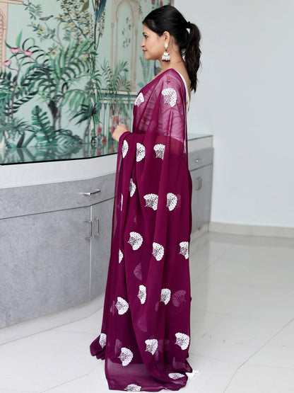 Burgundy Party Wear Georgette Embroidered Saree