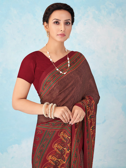 Maroon Maroon Bagru Crepe Printed Saree