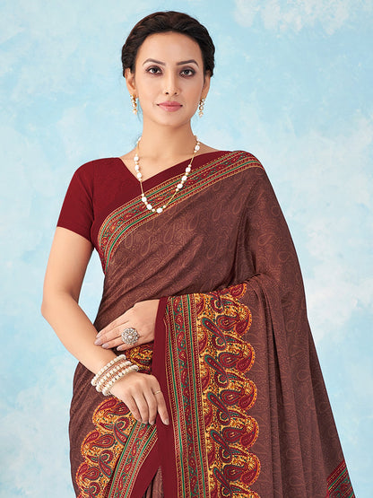 Maroon Bagru Crepe Printed Saree