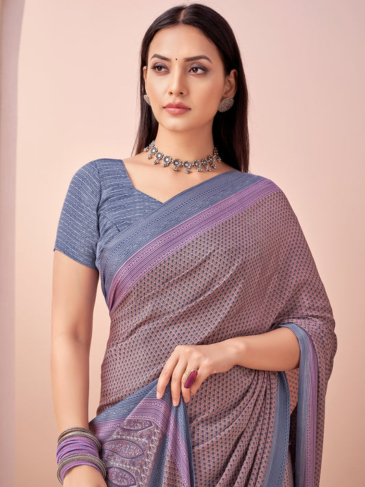 Lavender Lavendar Block Print Crepe Printed Saree